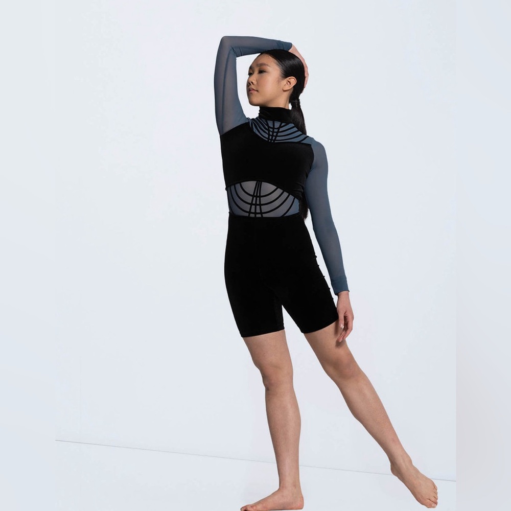 Weissman “To Be Loved” Stretch black velvet bodice and shorts MA.